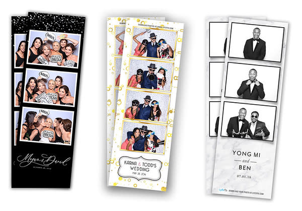 Three wedding 2x6 photo booth photo strip prints with custom design overlays