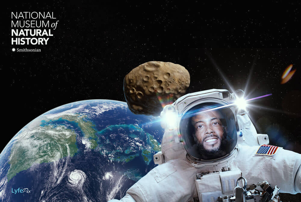 National Museum of Natural History Smithsonian Institution green screen photo booth photo of man in an astronaut suit in space with the Earth in the background and a asteroid passing behind him 