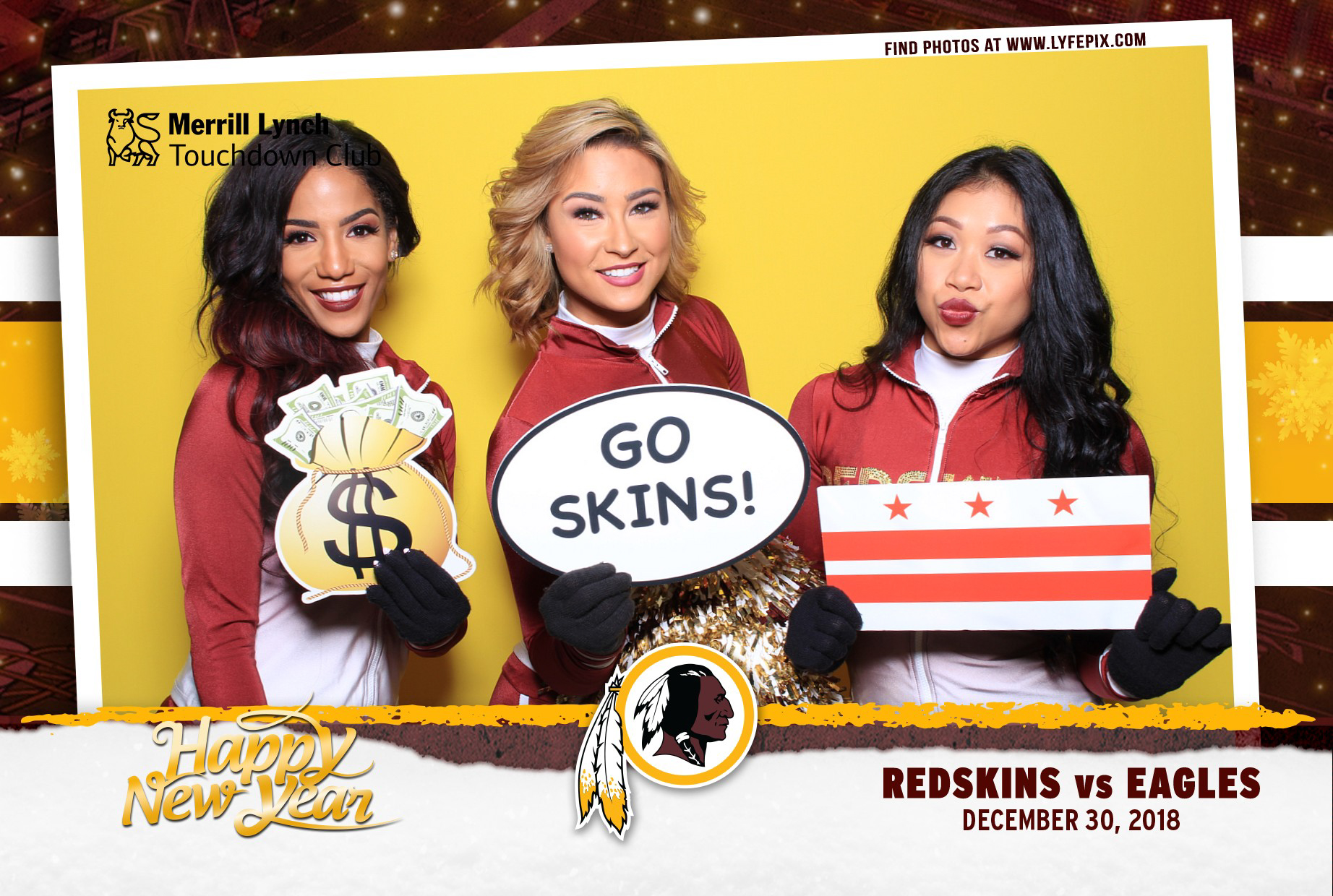 Photo booth photo from an activation for the Washington Redskins during a game with the Philadelphia Eagles touchdown at FedEx field in Landover, Maryland